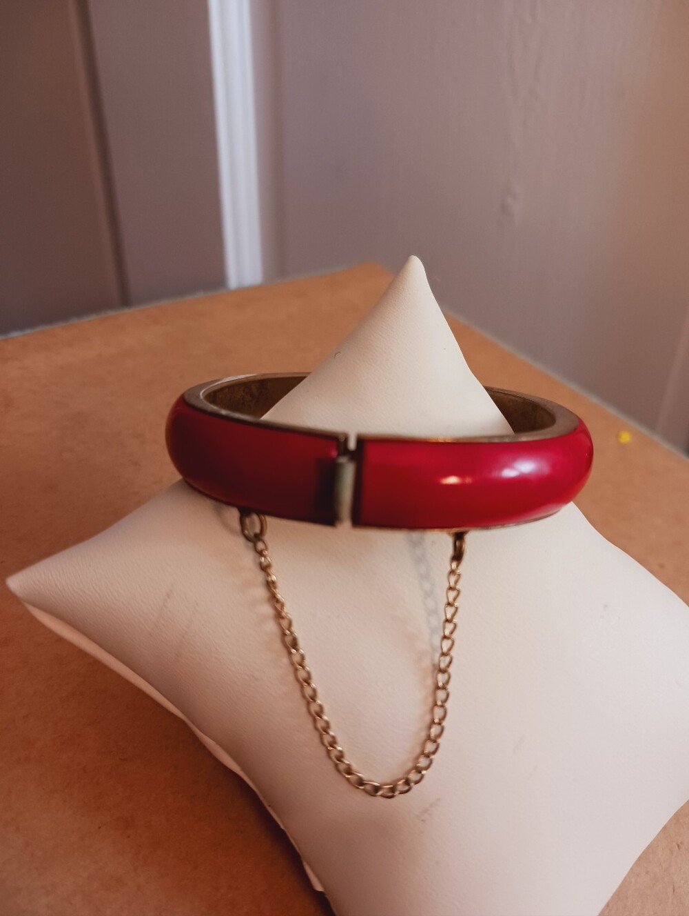 Vintage Red Enamel Bangle Bracelet with Clasp & Chain 1960-1970s , Has Wear Flaw